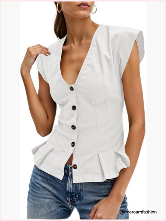 Tops - Deep V Neck Vest Top Cap Sleeve Ruffle Shirt Button Up Cotton Fitted Blouse